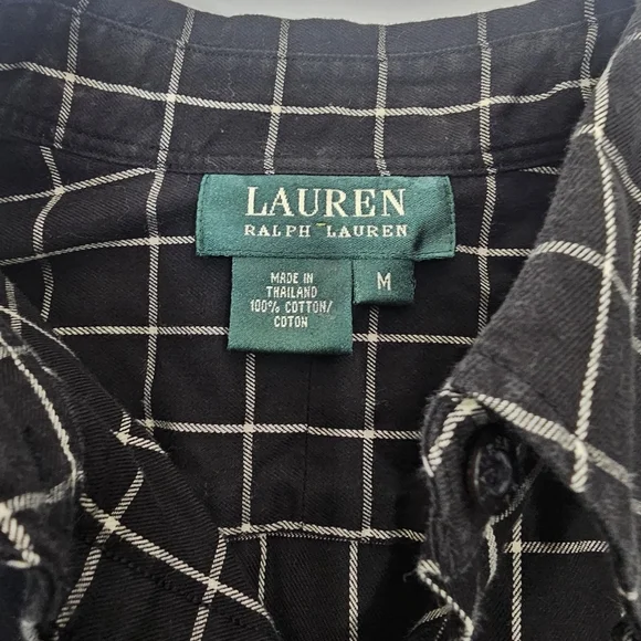 Lauren Ralph Lauren Button Up Blouse Womens M Black Tattersall Preppy Old Money - Picture 5 of 8